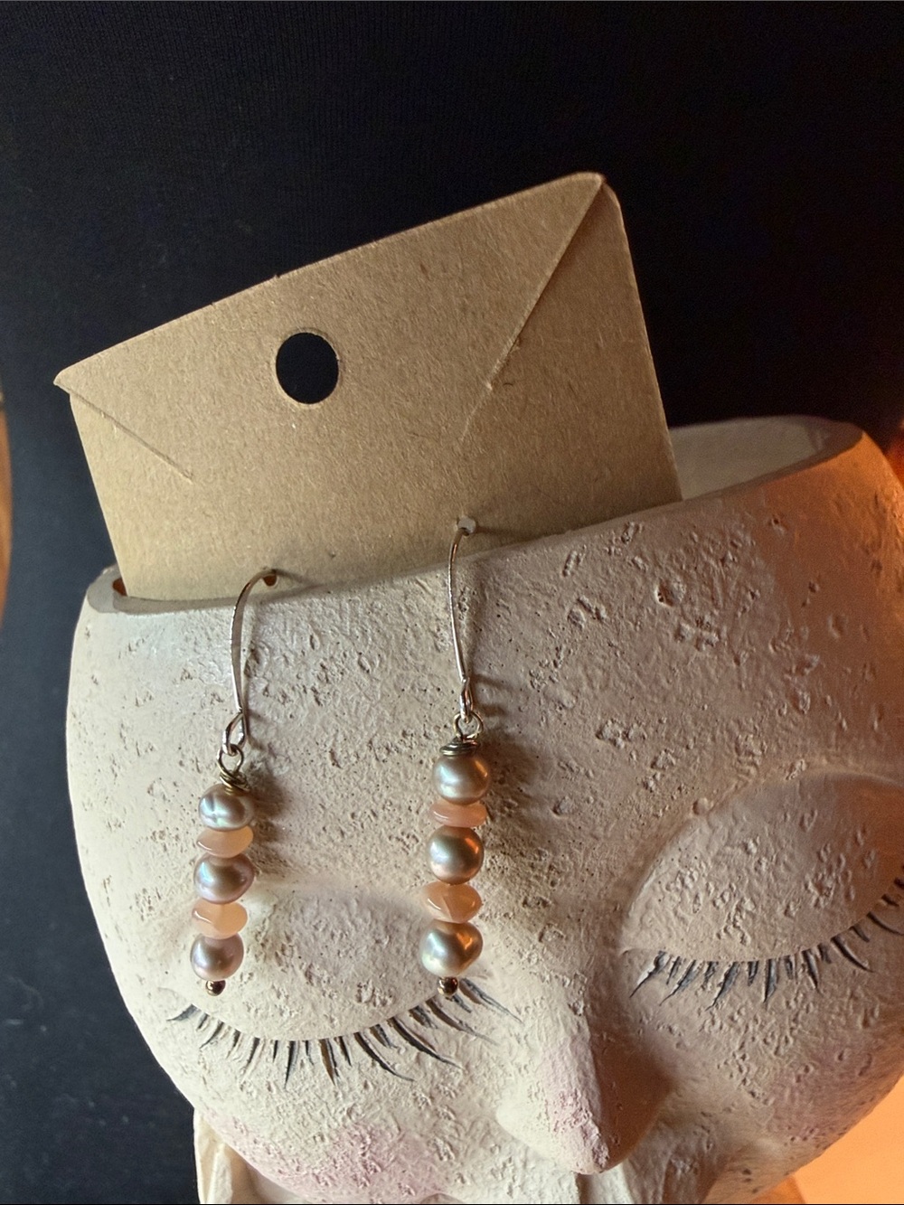 Handmade Pearl & sunstone Drop Earrings in Soft Peach and grey